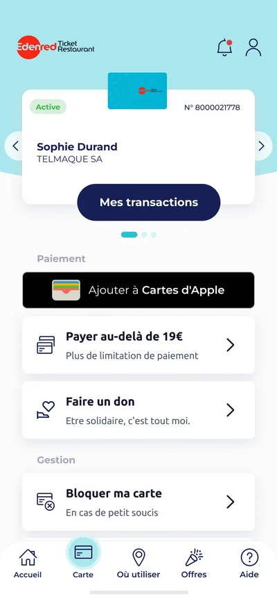 My Edenred : le menu carte, carte active