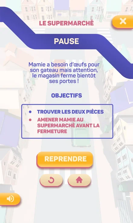 L’écran de pause : la situation, les deux objectifs et le bouton Reprendre