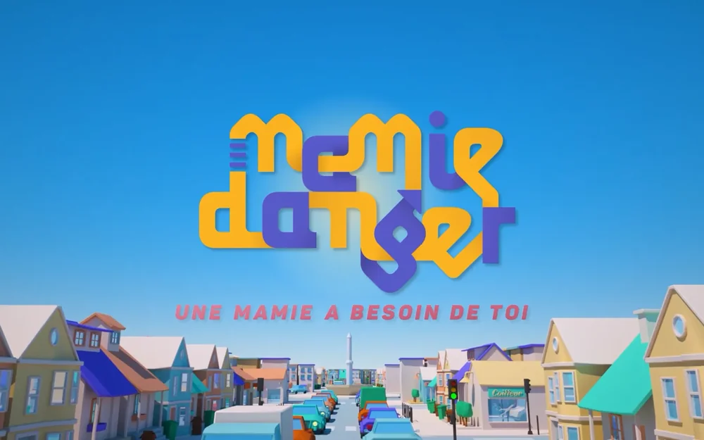 Mamie Danger : le logo au-dessus de la rue et de ses voitures
