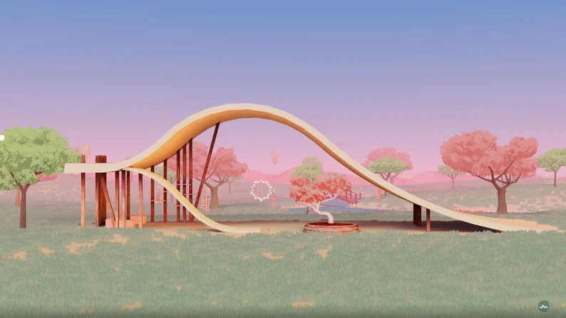 Un pont de bois qui ondule au-dessus d’une prairie rose au coucher du soleil