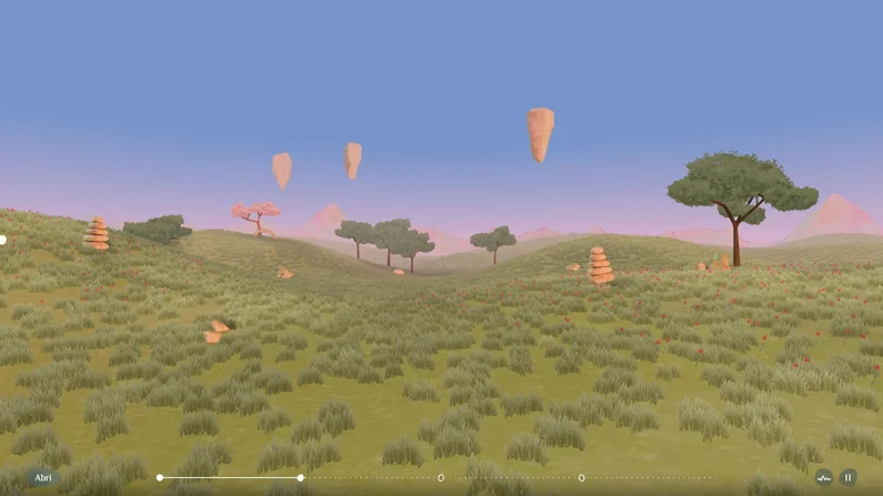 Une prairie vallonnée avec des arbres épars et des cairns qui flottent