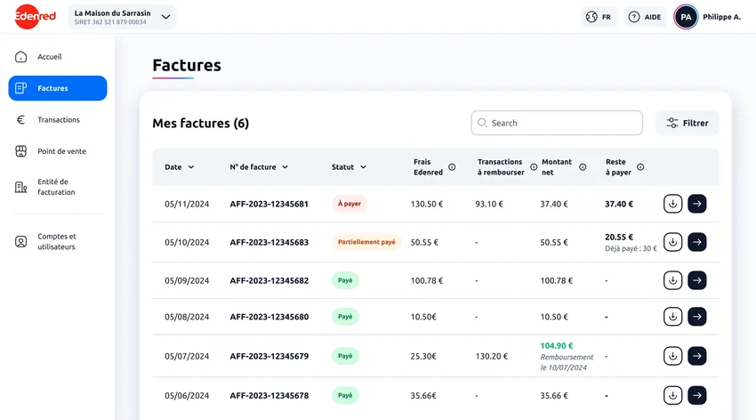 Version 1 : sept colonnes, dont frais, transactions à rembourser, montant net et reste à payer